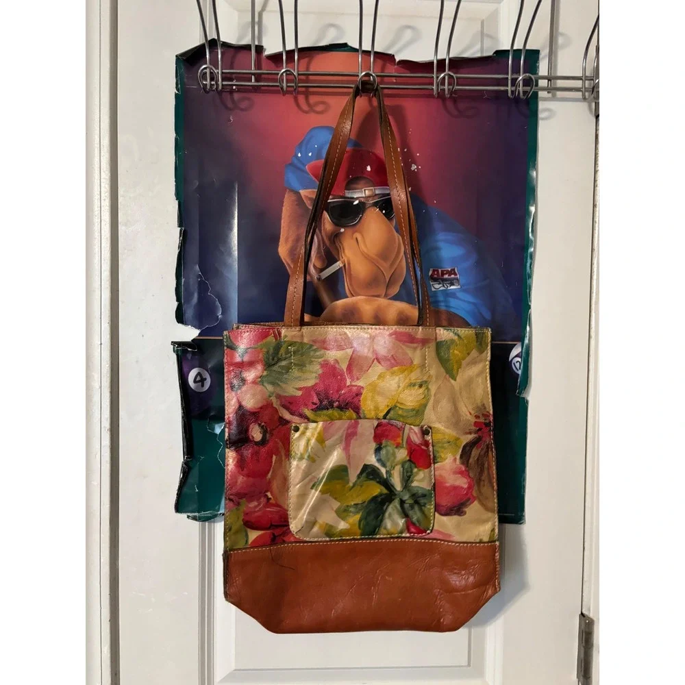 Patricia Nash Italian Leather Floral Tote Bag Cognac Brown Hand Painted Shopper